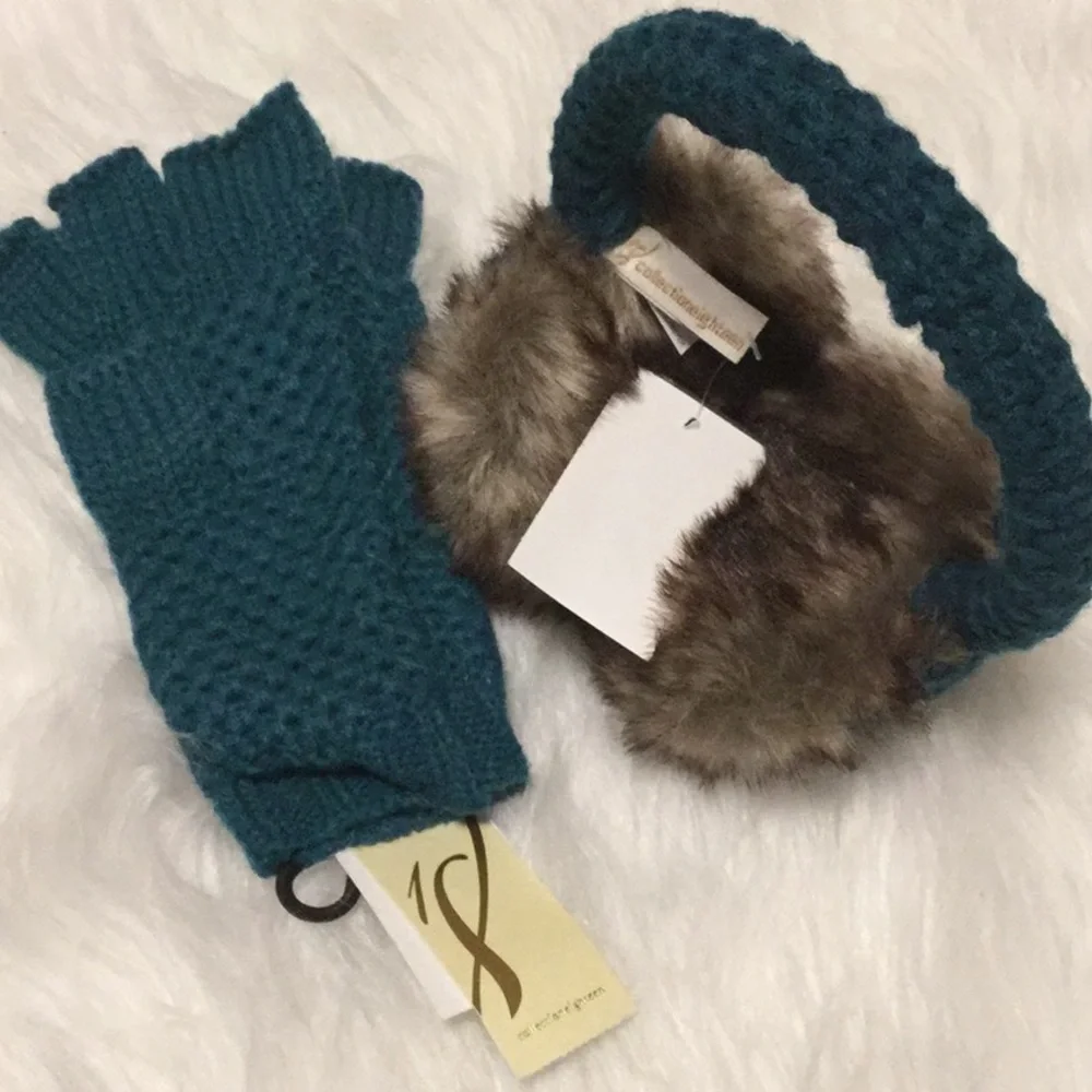 COLLECTION 18 OS Set Fuzzy Crocheted Earmuffs + Gloves Teal (Blue Green) NWT